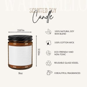 Tabela de tamanhos de velas de soja perfumadas e detalhes do produto Guia de tamanhos de velas e principais recursos Maquete Ferramenta de listagem de POD Instruções de cuidado para velas