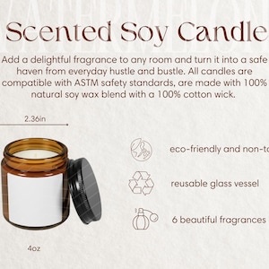 Tabela de tamanhos de velas de soja perfumadas e detalhes do produto Guia de tamanhos de velas e principais recursos Maquete Ferramenta de listagem de POD Instruções de cuidado para velas
