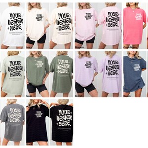 May include: A mockup of ten oversized t-shirts in various colours, including white, ivory, bay, moss, blossom, orchid, denim, cranberry, pepper, and black. Each shirt features the text "YOUR+DESIGN+HERE" printed on the back.
