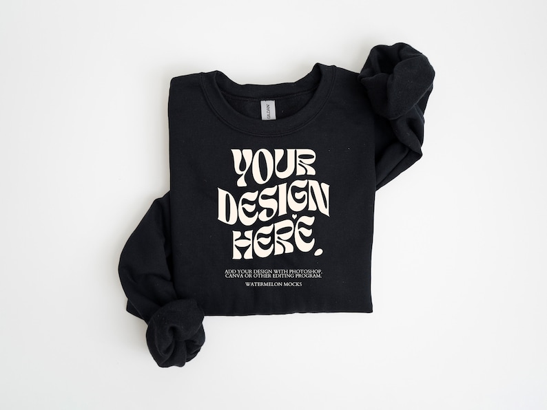 Gildan 18000 Black Mockup Gildan Black Sweatshirt Flat Lay Mockup Folded Sweatshirt Mockup Black Gildan 18000 Flatlay Crewneck Mockup White image 1