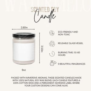 Tabela de tamanhos de velas de soja perfumadas e detalhes do produto Guia de tamanhos de velas e principais recursos Maquete Ferramenta de listagem de POD Instruções de cuidado para velas
