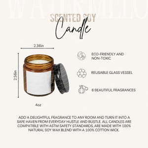 Tabela de tamanhos de velas de soja perfumadas e detalhes do produto Guia de tamanhos de velas e principais recursos Maquete Ferramenta de listagem de POD Instruções de cuidado para velas
