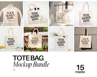 May include: A collection of fifteen off-white canvas tote bags featuring the black printed text YOUR DESIGN HERE in a wavy font. Each bag has two shoulder straps and a rectangular shape, presented in various settings to showcase the design area.