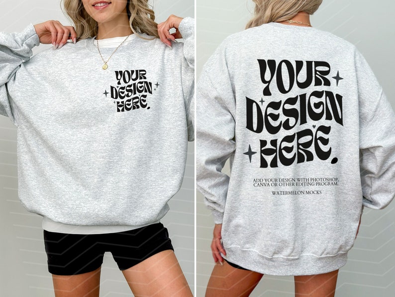 Gildan 18000 Front and Back Ash Mockup Ash Front Back Sweatshirt Mockup Oversized Mockup Ash Sweater Mockup Heather Grey 18000 Gildan Mockup image 1