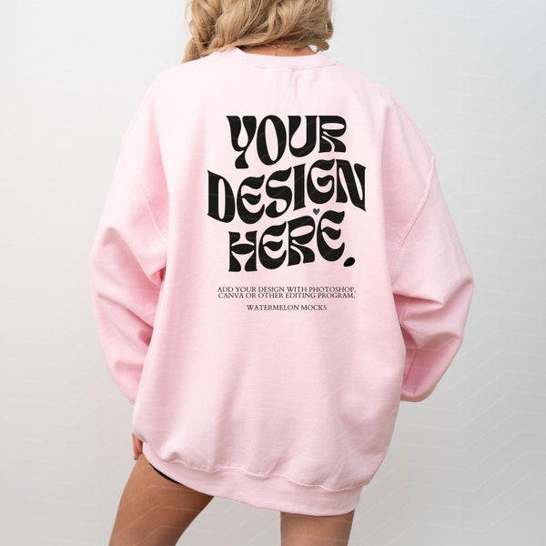 Back Gildan 18000 Light Pink Mockup Print on Back Light Pink Sweatshirt Mockup Oversized Light Pink Crewneck Mockup Model Pink 18000 Gildan