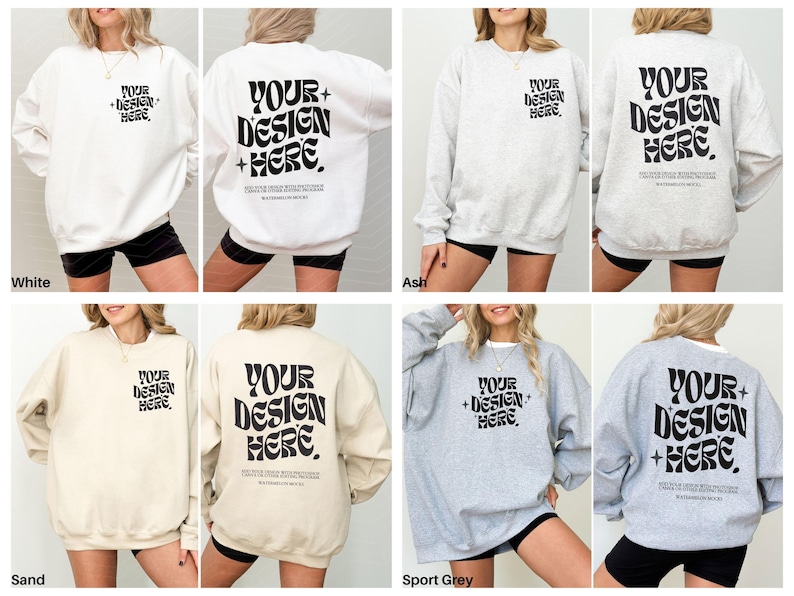 Gildan 18000 Mockup-Bundle: Vorder- und Rückseite des Sweatshirts, Schwarz-Weiß-Mockup, Druck auf der Rückseite, Oversized-Sweatshirt, Komplettes Shop-Bundle Bild 5