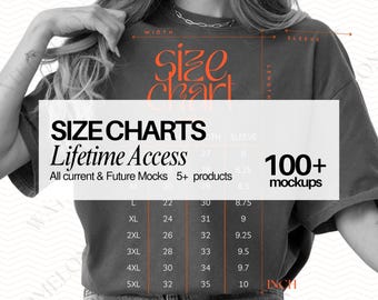 Puede incluir: Una camiseta gris oscuro superpuesta con una tabla de tallas. El texto dice SIZE CHARTS, Lifetime Access, 100+ mockups, y enumera tallas de S a 5XL con las medidas de ancho, largo y manga en pulgadas para cada talla.