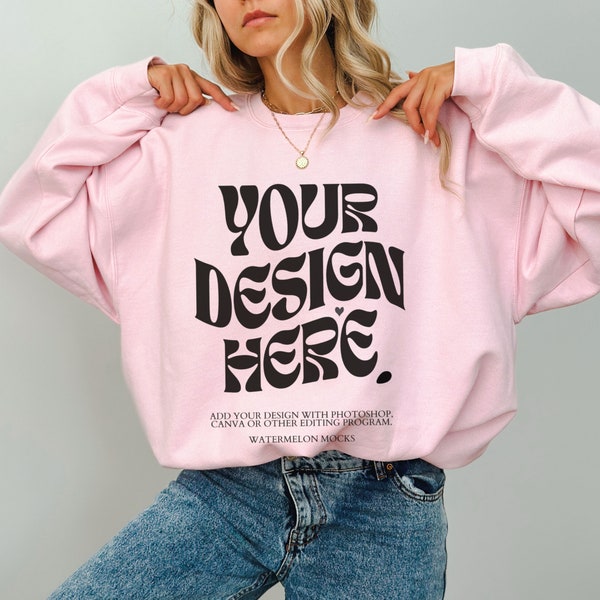 Gildan 18000 Pink Mockup Oversized Light Pink Hoodie Mockup 18000 Gildan Light Pink Mock Crewneck Trendy Mock Outdoor Pink Sweatshirt Mockup