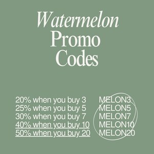 May include: Watermelon Promo Codes graphic with a green background and white text. The graphic lists discount codes for buying 3, 5, 7, 10, and 20 watermelons. For example, buy 3 watermelons and get 20% off with code MELON3.