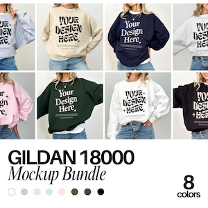 May include: Mockup bundle of eight Gildan 18000 sweatshirts in various colors. The sweatshirts feature the text "Your Design Here" in a bold, retro font.