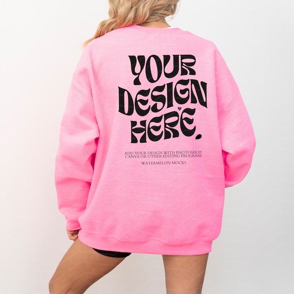 Back Gildan 18000 Safety Pink Mockup Oversized Sweatshirt Back Safety Pink Mockup 18000 Gildan Valentine's Day Mockup Safety Pink Crewneck