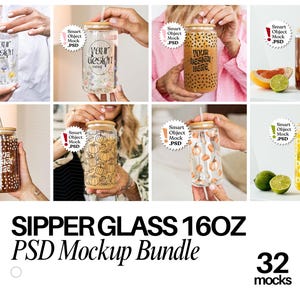 May include: A selection of 16oz sipper glasses with bamboo lids and straws. The glasses showcase diverse designs, such as floral patterns, pumpkin illustrations, and text overlays. The image also includes text that reads "SIPPER GLASS 16OZ PSD Mockup Bundle".