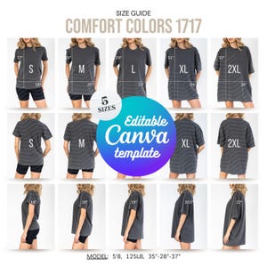 Comfort Colors C1717 サイズガイド 印刷可能なサイズチャート サイズガイド モックアップ シャツ モックアップ ユニセックス サイズチャート テンプレート POD サイズ比較チャート