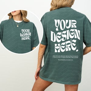 Front and Back Comfort Colors Blue Spruce Mockup C1717 Blue Spruce Mockup Front Back Mockup Print on Back Oversized Tshirt Model Mockup