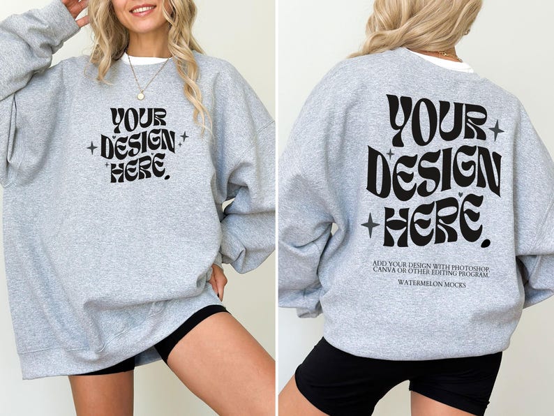 Gildan 18000 Mockup-Bundle: Vorder- und Rückseite des Sweatshirts, Schwarz-Weiß-Mockup, Druck auf der Rückseite, Oversized-Sweatshirt, Komplettes Shop-Bundle Bild 9