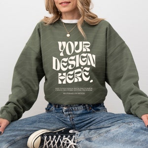 Gildan 18000 Military Green Mockup Military Green Sweatshirt Mockup Oversized Green Crewneck Mockup Model 18000 Gildan Green Mock up Trendy