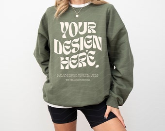 Gildan 18000 Military Green Mockup Military Green Sweatshirt Mockup Oversized Green Crewneck Mockup Model 18000 Gildan Green Mock up Trendy