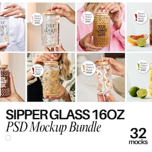 May include: A collection of 16oz glass tumblers with bamboo lids and metal straws, featuring various graphic designs including floral, pumpkin, and polka dot patterns. The set includes 32 digital PSD mockups for displaying custom artwork.