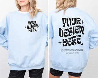 Front and Back Gildan 18000 Light Blue Mockup Front Back Light Blue Sweatshirt Mockup Oversized Light Blue Model 18000 Gildan Crewneck Mock