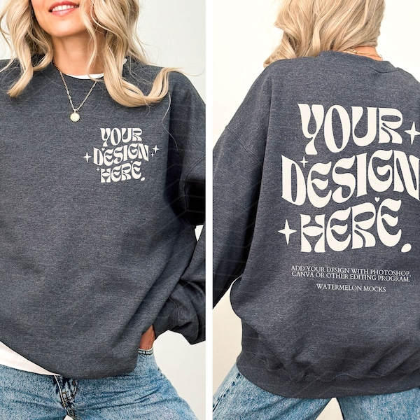 Front and Back Gildan 18000 Back Heather Grey Backside Mockup Front Back Mockup Gildan Grey Sweatshirt Mockup Oversized Mockup Model Mockup