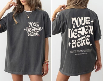 Komfortfarben Vorder- und Rückseite Pepper C1717 Pepper Mockup Vorderseite Rückseite Mockup Druck auf Rückseite Übergroßes Tshirt Modell Mockup Dunkelgraues T-Shirt