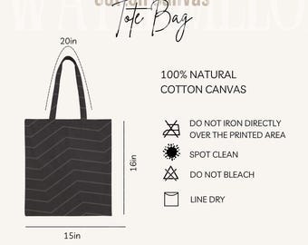 Canvas Tote Bag Size Chart with Product Details Cotton Tote Bag Care Instructions Shopping Bag Mockup Size Printable POD Size Care Chart