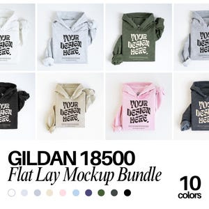 May include: A flat lay mockup bundle of 10 Gildan 18500 hoodies in various colors, including black, white, gray, pink, beige, and green. Each hoodie features a mock-up design with the text "Your Design Here".