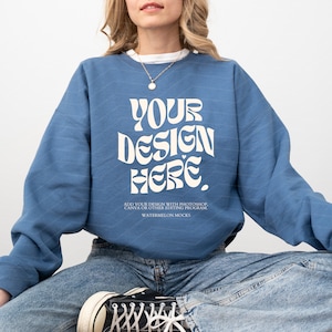 Gildan 18000 Indigo Blue Mockup Indigo Blue Sweatshirt Mockup Oversized Indigo Blue Crewneck Mockup Model 18000 Gildan Blue Mock up Trendy
