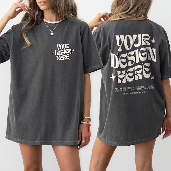 Comfort Colors Front and Back Pepper C1717 Pepper Mockup Front Back Mockup Print on Back Oversized Tshirt Model Mockup Grey Pepper t-Shirt