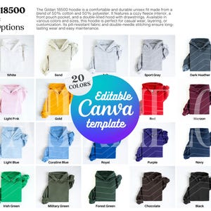 Editable Gildan 18500 Color Chart Canva Template Printful Hoodie Color Options Gildan 18500 Color Chart Template Swatch g185 Color Guide