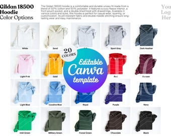 Editable Gildan 18500 Color Chart Canva Template Printful Hoodie Color Options Gildan 18500 Color Chart Template Swatch g185 Color Guide