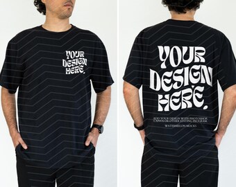 Mockup van het Comfort-shirt (voor- en achterkant) in zwarte uitvoering, model C1717 oversized T-shirt voor heren, model C1717 T-shirt mockup.