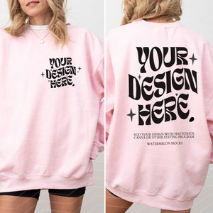 Front and Back Gildan 18000 Back Front Pink Sweatshirt Mockup Oversized Light Pink Hoodie Mockup 18000 Gildan Light Pink Crewneck Mock up
