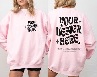 Front and Back Gildan 18000 Back Front Pink Sweatshirt Mockup Oversized Light Pink Hoodie Mockup 18000 Gildan Light Pink Crewneck Mock up