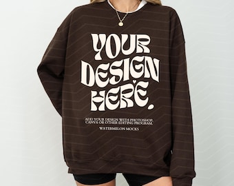 Gildan 18000 Dark Chocolate Mockup Sweatshirt Mockup Oversized Mockup Chocolate Sweatshirt Mockup 18000 Gildan Mockup Sweater Model Mock