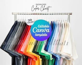 Könnte beinhalten: Eine Gildan 5000 Farbkarte mit 30 T-Shirts in verschiedenen Farben, die auf einer Kleiderstange hängen. Der Text lautet Gildan 5000 Color Chart, 30 Colors und Editable Canva template. Die T-Shirts reichen von Schwarz, Marine und Grau bis hin zu Rot, Orange, Gelb, Grün, Blau und Weiß.