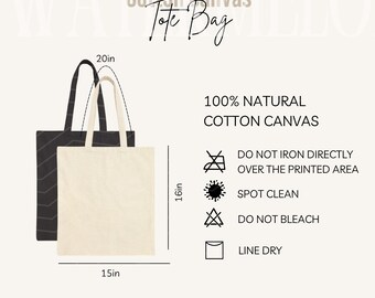 Canvas Tote Bag Size Chart with Product Details Cotton Tote Bag Care Instructions Shopping Bag Mockup Size Printable POD Size Care Chart