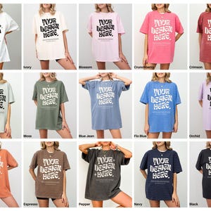 May include: A mockup of a t-shirt in 12 different colors. The t-shirt is oversized and features the text "Your Design Here" in a retro font.