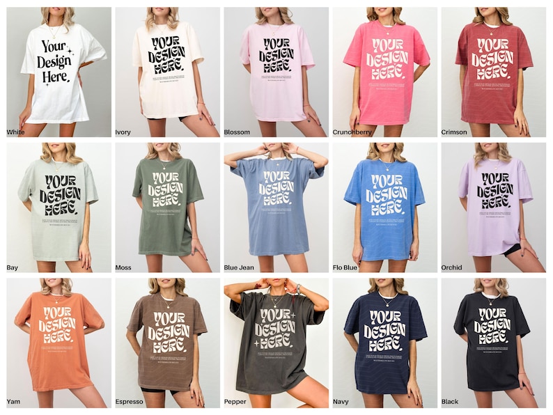 May include: A mockup of a t-shirt in 12 different colors. The t-shirt is oversized and features the text "Your Design Here" in a retro font.