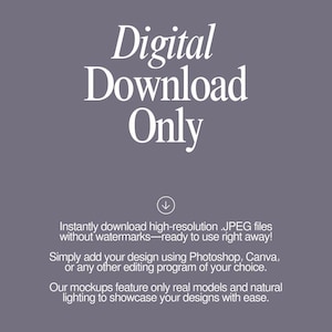 Pu&ograve; includere: Testo "Download digitale solo" con una freccia che punta verso il basso. Il testo sotto spiega che i file JPEG ad alta risoluzione sono disponibili per il download immediato senza filigrane. Menziona anche che i file possono essere utilizzati con Photoshop, Canva o altri programmi di editing.