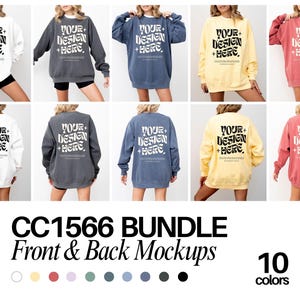 以下が含まれることがあります： 前面と背面に「YOUR+DESIGN+HERE」の文字が印刷された、10色の異なる色のスウェットシャツのモックアップバンドル。スウェットシャツは、さまざまなポーズをとったモデルに着用されています。