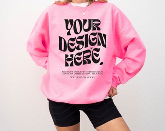 Gildan 18000 Safety Pink Mockup Oversized Sweatshirt Safety Pink Hoodie Mockup 18000 Gildan Valentine's Day Mockup Safety Pink Crewneck Mock