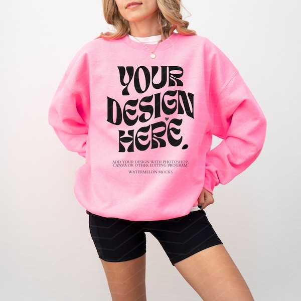 Gildan 18000 Safety Pink Mockup Oversized Sweatshirt Safety Pink Hoodie Mockup 18000 Gildan Valentine's Day Mockup Safety Pink Crewneck Mock