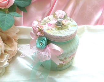 Shabby Chic AQUA Storage Jar w/French Inspired Theme and Roses