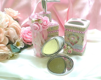 Shabby Chic 3 PC Vanity Set PINK w/French Theme~Dispenser/Mirror/Brush Holder