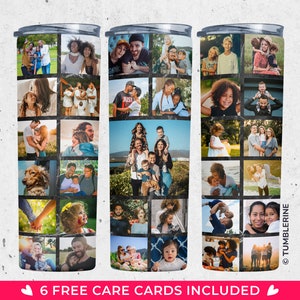 May include: Three stainless steel tumblers with a collage of family photos printed on them. Each tumbler has a black lid and a black bottom. The tumblers are arranged in a row from left to right.
