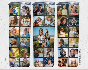 May include: Three stainless steel tumblers with a collage of family photos printed on them. Each tumbler has a black lid and a black bottom. The tumblers are arranged in a row from left to right.