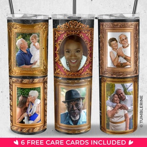 May include: Three stainless steel tumblers with black marble-like designs. Each tumbler features a different photo of a couple in a gold frame. The tumblers are 20 ounces and have a double-wall vacuum insulated design.