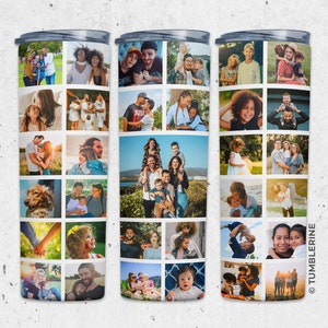 May include: Three stainless steel tumblers with a white background and a collage of photos of a family. The photos are arranged in a grid pattern and feature a variety of people, including children, adults, and a dog. The tumblers are all the same size and shape, and they have a silver lid.