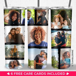 Lägg till din egen sömlös mall för tumblerwrap med 11 foton, fototumbler med vintageram och nötter, fotokollage med 20oz smal tumblerwrap, PNG